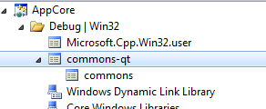 The property sheet "commons" is inherited by "commons-qt". The property sheet "commons" is inherited by "commons-qt".