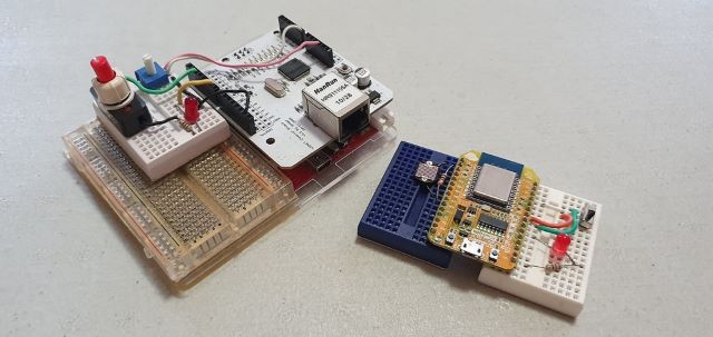 Test circuits on an Arduino ATmega328p and NodeMCU v0.9: DI on pin D2, DO on D6, AI on A0. Test circuits on an Arduino ATmega328p and NodeMCU v0.9