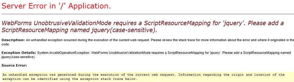 Error : WebForms UnobtrusiveValidationMode requires a ScriptResourceMapping for ‘jquery’. Please add a ScriptResourceMapping named jquery(case-sensitive). Error : WebForms UnobtrusiveValidationMode requires a ScriptResourceMapping for ‘jquery’. Please add a ScriptResourceMapping named jquery(case-sensitive).