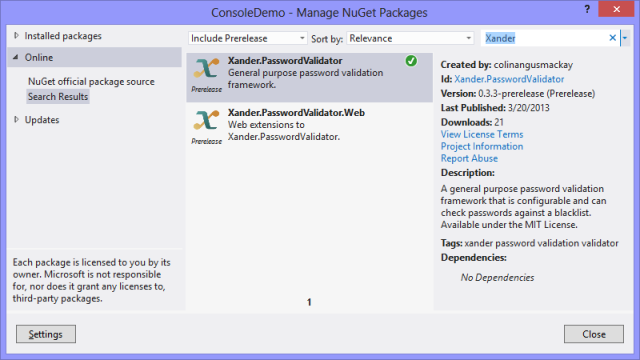 Xander.PasswordValidator on NuGet Image 1